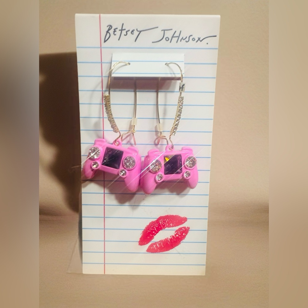 Betsey Johnson Earrings Gold Tone & Pink Enamel Video Game Controller Drop NWT